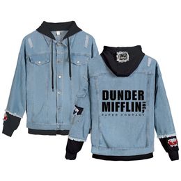 The Office TV Show Dunder Mifflin Trendy Fake Two Piece Denim Jacket Women Long Sleeve Pockets Hooded Jacket Streetwear Clothes T200525