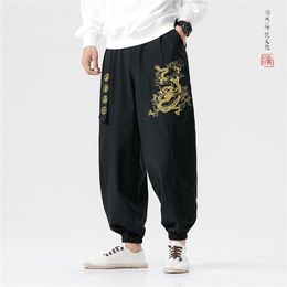 MRDONOO Chinese Style Dragon Embroidery Casual Harem Pants Wide leg Joggers Trousers With Belt Loose Ankle Banded Pants Male 201128
