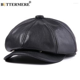 Berets Real Cow Leather Hats Sboy Caps Men Black Genuine Spaper Cap Gatsby Male Vintage Winter Octagonal HatsBerets Wend22