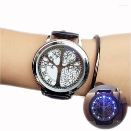 Wristwatches Fashion Led Watch Touch Screen Unique Cool With Tree Pattern Simple Black Dial 60 Blue Lights Leather Hect22