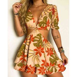 Women Dresses Deep V Neck Multicolor Leaves Print Cut-out O-ring Short Sleeve Pleated Casual Chic Elegant Mini Dress G220510