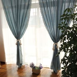 Curtain & Drapes American Country Style Hollow Embroidery Rose Cotton Linen Living Room Finished Bunk Blue Cotton&White TulleCurtain