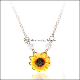 Pendant Necklaces Pendants Jewellery Sweet Sunflower Imitation Pearl Sweater Yellow Flower Necklace For Women Drop Delivery 2021 Z0Tia