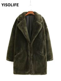 Women's Winter Clothing Faux Fur Loose Coat Dark Green Suit Collar Single-Breasted Simple Mid-Length Furry Spring & Fall Jacket T220716
