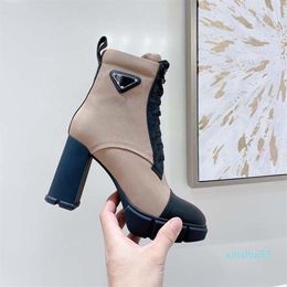 Fashion-Designer Boots Women Heel Ankle Boot Martin Booties Leather And Nylon Fabric Lacing Two Materials Tyre Raised Sole