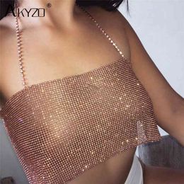 Women Glitter Metal Crystal Body Chain Bikini Cami Crop Top Sequins Beach Clubwear Sexy Backless Cami Top Vest Girls 210326