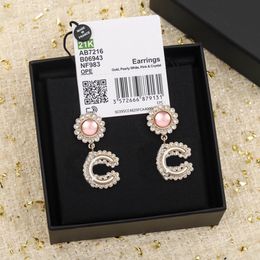 2022 Top quality Charm stud earring with pink beads and diamond white enamel color in 18k gold plated have box stamp PS4662