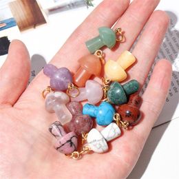 100pcs 2cm Mushroom Statue Natural Crystal Stone Carving Charms Reiki Healing Gold Pendant For Women Jewellery Making Wholesale