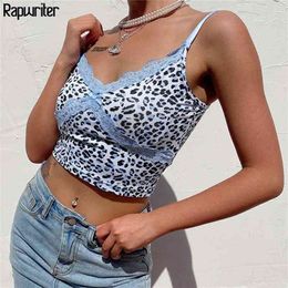 Rapwriter Spaghetti Strap Patckwork Lace Leopard Summer Crop Tops Backless Harajuku V Neck Bow Camis Wrap Sexy Tops Streetwear 210401