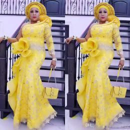 2022 Aso Ebi Yellow Mermaid Evening Dresses With Long Sleeves Plus Size Prom Dress Ruched Formal Lace Party Gowns Custom Made Vestidos