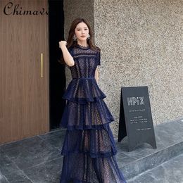 Maxi Dresses for Women Summer Dark Blue Exquisite Lace Stitching Short Sleeve Multi layer Cake Slimming 220613