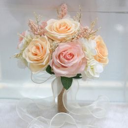 Boho Bridal Bridesmaid Bouquet 2022 Artificial Wedding Flowers Champagne Ivory Blush Pink Roses 25cm 25cm Quinceanera Party Silk F247l