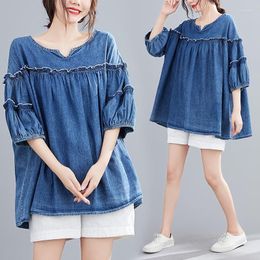 Women's T-Shirt 2022 Summer Plus Size Loose Top Routen Silk Cotton Washed Denim Ruffled Casual Fashion S418