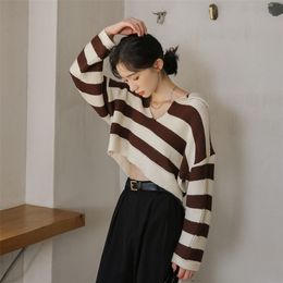 JXMYY autumn and winter women's lazy style loose and thin short bat sleeves V-neck striped knitted sweater top women 210412