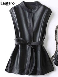 Lautaro Spring Autumn Black Soft Pu Leather Vest Luxury Brand with Belt Luxury Elegant Office Sleeveless Jackets for Women 2022 L220728