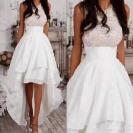 High Low Wedding Dresses Beach Bridal Gown Lace Applique Jewel Neck Beaded Ruched Sleeveless Garden Vestidos De Novia Plus Size Custom Made