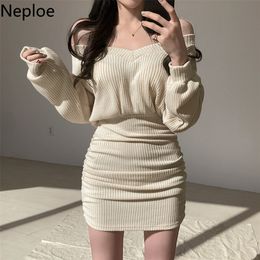 Neploe Korean Mini Dress Women Sexy V Neck Sweater Fashion Elegant Bodycon Dresses Long Sleeve Pleated Robe Knit Vestidos 220613