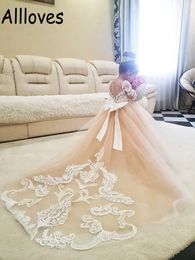 Bow Satin Ribbon Elegant Lace Appliqued Flower Girl Dresses For Wedding Jewel Neck Long Sleeves Little Girl's Formal Party Gowns Toddler Pageant Birthday Wear AL2021