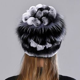 Berets Natural Fur Hat Fluffy Floral Beanie Winter Women Warm Earflap Caps Hand Sewn Female Genuine Real Hats