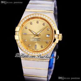 38mm Classic A8500 Automatic Mens Watch Two Tone Yellow Gold Diamonds Bezel Champagne Diamond Dial Stainless Steel Bracelet 123.25.38.21.58.001 Puretime G39DMd4