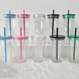 17oz 24oz Clear Plastic Tumblers DIY Flat Lid Acrylic Water Bottles with Straw Double Walled Portable Office Coffee Mug Reusable Transparent Solid PS Drinking Cups