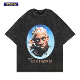 TIDESHEC Men's T-shirt Punk Streetwear Dennis Rodman Print T-shirt Oversize T Shirt Loose Casual Men Women Washed Tee 220505