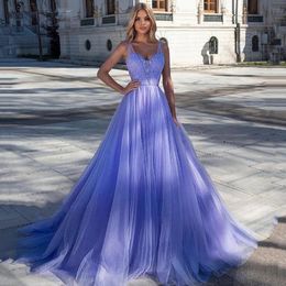 Lavender Tulle Prom Dresses V Neck Appliques Evening Party Gowns Ruched with Beaded Puffy robe de soiree