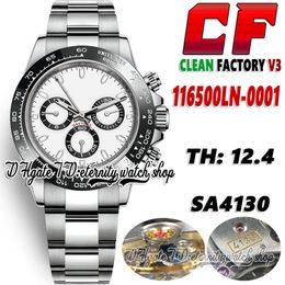 2022 Clean V3 qc116500 SA4130 Chronograph Automatic Mens Watch TH:12.4mm CF Black Ceramics Bezel White Dial SS+ 904L Stainless Bracelet Super version Eternity Watches