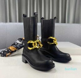 designer Spring and Autumn Fashion Mid-Tube Short Boots with Metal Chain Decoration Low Heel Round Toe