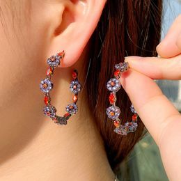 luxury Colourful flowers hoop earring designer for woman party purple red zirconia diamond earring South American Wedding Engagement Fashion Earrings Jewellery Gift