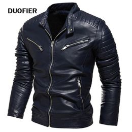 Winter Black Leather Jacket Men Fur Lined Warm Motorcycle Slim Street Fashion BLack Biker Coat Pleated Design Zipper 220715