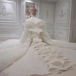 Luxus-Rüschen-Meerjungfrau-Hochzeitskleider, Spitze, schulterfrei, Kapellen-Brautkleid mit V-Ausschnitt, abnehmbarem Schleppe-Brautkleid