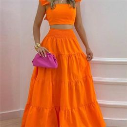 Summer Female Style Ruffled Suspenders Pleated Back Crop Top and Long Skirt Solid Colour Two-piece Set Women Fashion 220725
