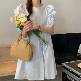 Summer New Elegant Temperament Patry Gentle Blue Round Neck Wooden Ears Puff Sleeve Loose Pleated Dres 16329 210423