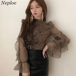 Neploe Korean Velour Mesh Patchwork Women Blouse Fashion Flare Sleeve Elegant Shirts Spring Ruffles Female Blusas 66844 210308