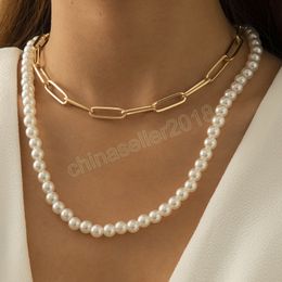 Boho Simple Hollow Thick Cross Chain Clavicle Necklace Women's Fashion Creative Imitation Pearl Beaded Necklaces Girl Jewellery