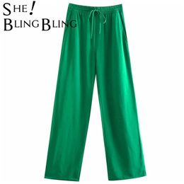 SheBlingBling Woman Traf Pants Fashion Long Trousers Drawstring High Waist Wide Leg Green Casual Pant Female 2 Pie Suits 220325