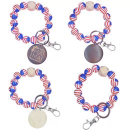 USA Flag Wooden Pendant Bracelets 3D Printed Keychain Wood Beads Keyring Color Wristbands Bag Decoration Car Keychains Party Favor Wrist Bands