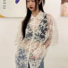 Yedinas Puff Sleeve Lace T-shirt Women Summer See Through Short Sleeve Double Collar Design Oversize Embroidery Tees Tops 220518