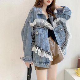 Women's Jackets Vintage Washed Blue Denim Jacket Mesh Splice Spring Korean Women Lapel Long Sleeve Casual Short Female Jeans Student Basic C
