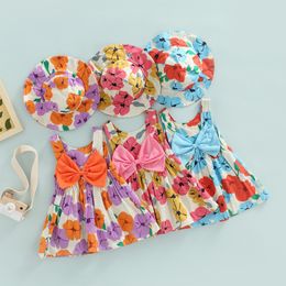 Toddler Baby Girls Summer Outfit Sets Sleeveless O Neck Floral A-line Dress with Big Bow + Round Bucket Hat 6M-3T