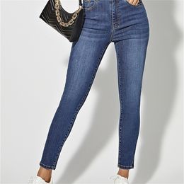 Skinny Jeans For Women Stretchy High Waist Classic Denim Pant Slim Hip Lift Mom Jean Fashion Blue Wash Five Pockets Pencil 220311