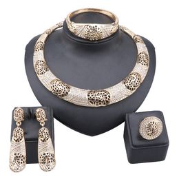 Women Nigerian Wedding Bridal Dubai Gold Color Crystal Necklace Bangle Earrings Ring Party Jewelry Sets