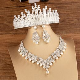 Accesorios para el cabello de la boda nupcial de la perla de la perla del circón cúbico tiaras tiaras de arena collar de gargantilla conjunto de cuentas africanas