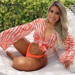 Sexy Three Pieces Bikini Set Bell Sleeve Bikini Cover Up Swimwear Women Swimsuit Print Bathing Suit Beachwear Swimming Suit 210407