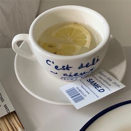 Cups Saucers French Vintage Blogger with The Same Blue Letter Ceramic Mug and Saucer Set Home Coffee Cup Milk Cup