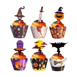 1224pcs Halloween Cartoon Pumpkin Bat Cupcake Wrapper Paper Cake Toppers Happy Birthday Party Decoration Supplies 220815
