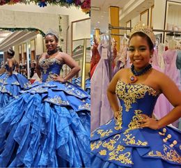 2022 Royal Blue And Gold Quinceanera Dresses Ball Gown For Women Embroidered Organza Ruffle Tiered Underskirt Prom Sweet 15 Girls 16 Dress
