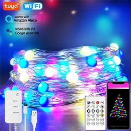 Tuya Smart WiFi LED Fairy String Lights RGBIC 10m 100LEDs APP/24key Remote Control DIY Christmas Decoration Work With Alexa 220408