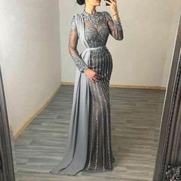 Silver Mermaid Prom Dresses Princess Lace Appliques Sequins Beads Long Sleeves Satin Lace Halter Floor Length Floor Length Party Gowns Plus Size Custom Made